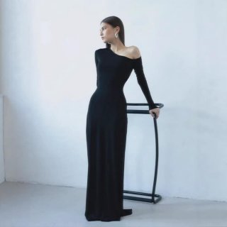 Women's Elegant Slant Collar Maxi Dress Backless Bodycon Long Sleeve Floor Length Solid Color Elastic Polyester Slim Fit Evening Party Club Wear