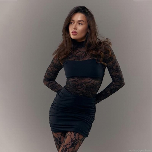 Sexy Black Lace Patchwork Mini Dress Sheer Long Sleeve Ruched Bodycon Dress For Women Party Club Evening Cocktail Outfit