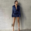 Women's Sexy Dark Blue Satin Shirt Dress Long Sleeve Lapel Button-Down High Waist Mini A-Line Dress For Office Party Elegant Slim Fit Dress