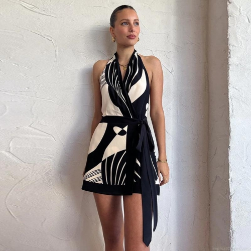 Women's Halter Neck Backless Mini Dress Sexy Geometric Abstract Print V Neck Romper With Tie Waist Summer Beach Party Polyester Spandex Sleeveless Short Jumpsuit