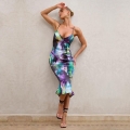 Sexy Backless Camisole Maxi Dress Women Summer Tie Dye Print Satin Slim Fit Fishtail Hem Long Dress Deep V Neck Cross Bandage Vacation Party Clubwear