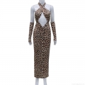 Sexy Leopard Print Halter Neck Cutout Backless Bodycon Midi Dress With Matching Arm Sleeves Women Club Party High Waist Slim Fit Polyester Spandex Vestido