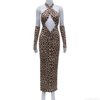 Sexy Leopard Print Halter Neck Cutout Backless Bodycon Midi Dress With Matching Arm Sleeves Women Club Party High Waist Slim Fit Polyester Spandex Vestido