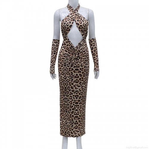 Sexy Leopard Print Halter Neck Cutout Backless Bodycon Midi Dress With Matching Arm Sleeves Women Club Party High Waist Slim Fit Polyester Spandex Vestido