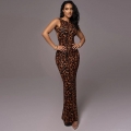 Women Sexy Leopard Print Maxi Dress Polyester Spandex Backless Sleeveless Bodycon Pleated Long Dress For Party Nightclub Evening Dating