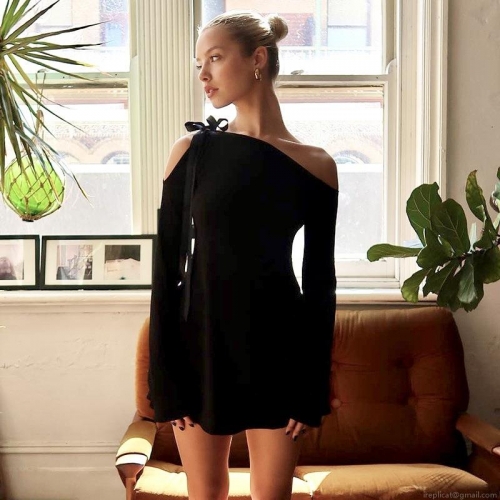 Women's Sexy One Shoulder Black Mini Dress Long Sleeve Off Shoulder Bow Tie-Up Slim Fit A-Line Short Dress For Party Club Night Out Elegant Polyester Spandex