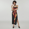Sexy Flame Print Slip Dress Women Satin Cowl Neck Backless Side Slit Streetwear Punk Y2K Slim Fit Midi Dress