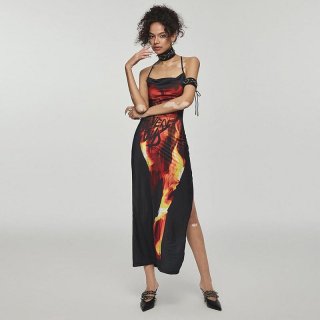 Sexy Flame Print Slip Dress Women Satin Cowl Neck Backless Side Slit Streetwear Punk Y2K Slim Fit Midi Dress