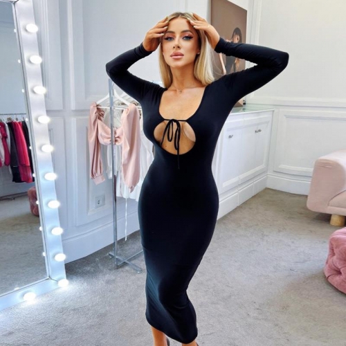Sexy Women's Long Sleeve Hollow Out Backless Maxi Dress Lace-up Bodycon Clubwear Polyester Spandex Evening Party Dress