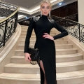 Women's Sexy Backless Maxi Dress Mock Neck Rhinestone Fringe Epaulettes High Slit Elegant Long Sleeve Slim Fit Evening Gown Party Dress