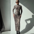 Sexy Polyester Spandex Leopard Print High Neck Long Sleeve Maxi Dress For Women Slim Fit Ruched Bodycon Split Party Evening Dress Spring Autumn Fashion