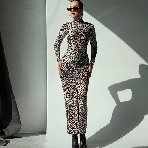 Sexy Polyester Spandex Leopard Print High Neck Long Sleeve Maxi Dress For Women Slim Fit Ruched Bodycon Split Party Evening Dress Spring Autumn Fashion