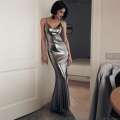Sexy Silver Liquid Metal Shiny Maxi Dress Women Backless V Neck Bodycon Mermaid Evening Gown Formal Party Sleeveless Long Dress Fish Tail Clubwear