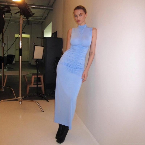 Women Sleeveless Ruched Maxi Dress High Neck Bodycon Polyester Spandex Elegant Solid Color Long Dress For Summer Party Club Sexy Bodycon Dress