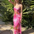 Women Summer Pink Lily Floral Print Cami Maxi Dress Sleeveless High Waist Slim Fit Polyester Spandex Long Holiday Dress