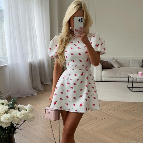 Women Summer Floral Rose Print Puff Sleeve Dress Sweet High Waist A-Line Mini Dress Polyester Spandex Short Sleeve Short Dress For Vacation Daily