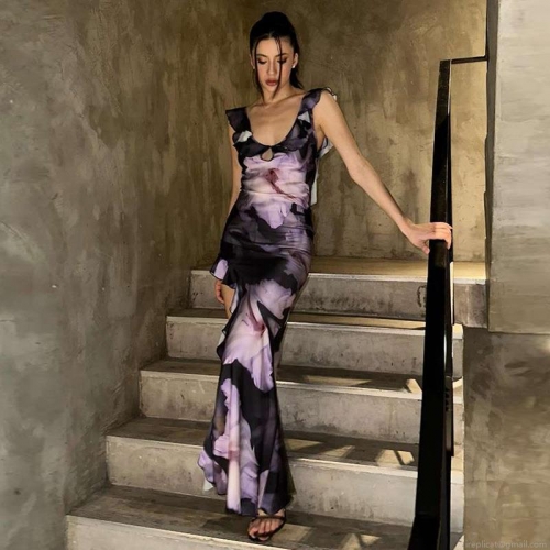 Women Sexy Floral Print Ruffle U-Neck Backless Sleeveless High Slit Maxi Dress Elegant Evening Party Vacation Bodycon Long Sundress