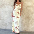 Women Summer Elegant Floral Print V Neck Slim Fit Slip Dress Vacation Beach Maxi Dress Sexy Backless Rose Pattern Long Sundress Spaghetti Strap Party Robe