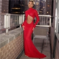 Sexy Red Hollow Out Long Sleeve Evening Gown Floor Length High Neck Bodycon Party Dress For Women Special Occasion Wedding Night Out Maxi Dress