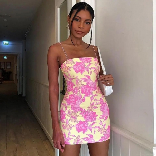 Sexy Women's Rose Floral Print Mini Dress Spaghetti Strap Bodycon Off-Shoulder Sleeveless Yellow Pink Summer Vacation Party Clubwear Outfits