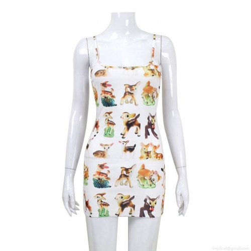 Women's Sexy Bodycon Mini Cami Dress Retro Fawn Deer Print Ribbed Knit Sleeveless Spaghetti Strap Slim Fit Summer Casual Sundress