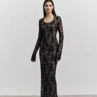 Elegant Black Floral Lace Long Sleeve Maxi Dress For Women Sexy Bodycon High Waist Slim Fit Evening Party Gown With Nude Lining Back Slit
