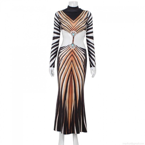Women's Ethnic Striped Print Maxi Dress Sexy Hollow Out Long Sleeve Bodycon Dress Retro Mock Neck Clubwear Party Long Gown