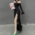 Women Sexy Halter Neck Cutout Tied Maxi Dress Flared Sleeve Ruffle Slit Bodycon Long Dress Solid Color Elegant Party Clubwear