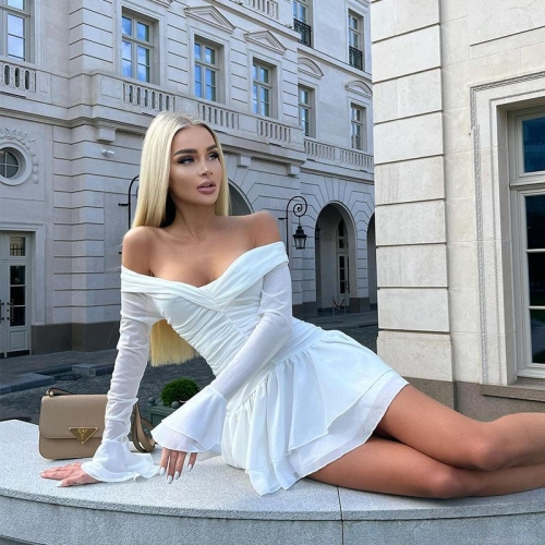 Women's French Style Off-the-Shoulder Ruched Mini Dress Elegant Long Sleeve Ruffle Hem Sexy Bodycon Party Dress for Women White