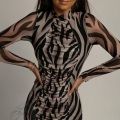 Women Mock Neck Long Sleeve Mesh Ruched Midi Dress Elegant Sexy Zebra Print Tie Dye Bodycon Slim Fit Evening Party Club Long Dress