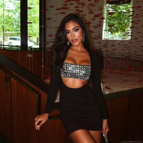 Sexy Rhinestone Sequin Hollow Out Mini Dress Women Nightclub Party Long Sleeve Bodycon Dress High Waist Slim Fit Polyester Spandex Short Dress