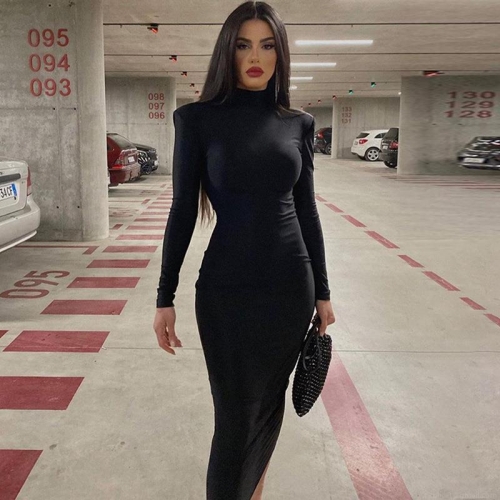 Women's Autumn High Neck Long Sleeve Bodycon Dress Solid Color Slim Fit Maxi Pencil Dress Office Lady Elegant Party Long Dress