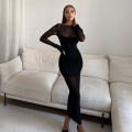 Women Elegant Bodycon Maxi Dress Mesh Patchwork Long Sleeve Sexy Solid Color Round Neck Slim Fit Club Evening Party Dress