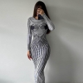 Women's Sexy 3D Optical Illusion Stripe Print Maxi Dress Long Sleeve Round Neck Bodycon Polyester Spandex Dress With Back Slit For Party Clubwear