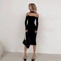 Women's Sexy Hollow Out Halter Dress Long Sleeve Off Shoulder Bodycon Midi Dress Elegant Celebrity Style Slim Fit Pencil Dress For Party Club Night