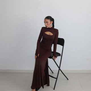 Sexy Cutout Maxi Dress 95% Polyester 5% Spandex Mock Neck Long Sleeve Bodycon Dress For Women Elegant Party Night Out High Slit Long Dress