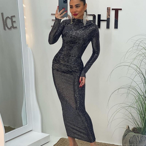 Women's Sexy Sequin Bodycon Maxi Dress Elegant Long Sleeve High Neck Evening Party Nightclub Clubwear Sparkly Gown Polyester Spandex