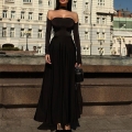 Elegant Off-The-Shoulder Long Sleeve Maxi Dress Women Sexy Hollow Out Mesh Splicing Slim Fit Spandex Evening Party Wedding Gala Gown Celebrity Style High Waist A-Line Floor Length Dress