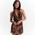 Women's Sexy Halter Neck Deep V Leopard Print Mini Dress Backless Sleeveless Ruched Bodycon Party Nightclub Short Dress