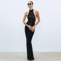 Elegant Black Halter Lace Patchwork Maxi Dress Sexy Sleeveless Hollow Out Backless Bodycon Party Evening Gown For Women Red Carpet Formal Dress Socialite Style