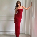 French Style Red Floral Lace Strap Maxi Dress Slim Fit Back Split Bodycon Spandex Evening Party Dress For Women Sexy Elegant Clubwear