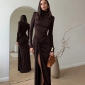 Elegant Women's Turtleneck Long Sleeve Maxi Dress With Ruched Waist Tie And Side Slit Polyester Spandex Slim Fit Evening Party Bodycon Dress