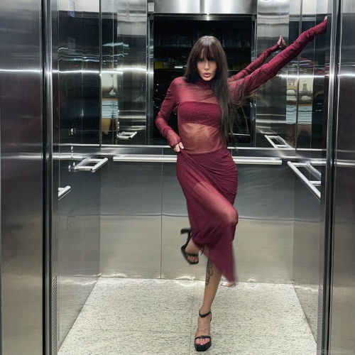 Sexy Mesh See-Through Rhinestone Maxi Dress Women Elegant Mock Neck Long Sleeve Bodycon Clubwear Party Evening Long Cover-Up Dress