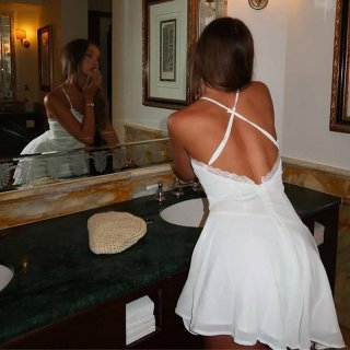 Women's Sexy V Neck Backless White Mini Dress Lace Trim Cross Strap A-Line Short Sling Dress For Summer Party Clubwear Elegant Pure Desire Style