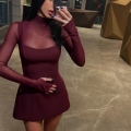 Women's Sexy Wine Red Mesh Patchwork Mini Dress Long Sleeve With Thumb Holes Mock Neck Slim Fit Bodycon Party Clubwear Dresses