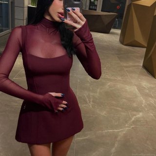 Women's Sexy Wine Red Mesh Patchwork Mini Dress Long Sleeve With Thumb Holes Mock Neck Slim Fit Bodycon Party Clubwear Dresses