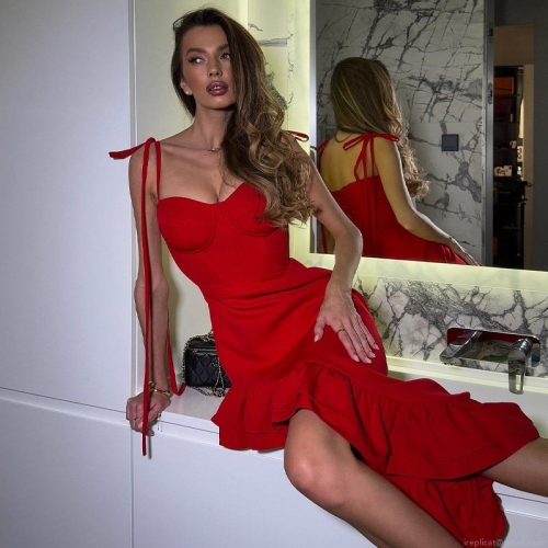 Women's Sexy Red Spaghetti Strap Dress Ruffle Irregular Hem Backless Maxi Dress For Evening Party Club Elegant Celebrity Style Bodycon Dress