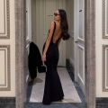 Sexy Backless V Neck Maxi Dress Elegant Bodycon Mermaid Evening Gown For Women Sleeveless Ruched Party Clubwear Solid Color Slim Fit Long Dress