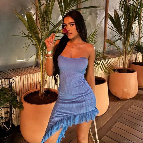 Women Sexy Blue Ruched Bodycon Mini Dress Strapless Asymmetric Ruffle Hem Summer Vacation Party Clubwear Dress