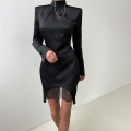 Women's Elegant High Neck Long Sleeve Satin Dress Sexy Bodycon Lace Patchwork Mini Dress With Back Bow Tie Irregular Hem Slim Fit Party Club Dress